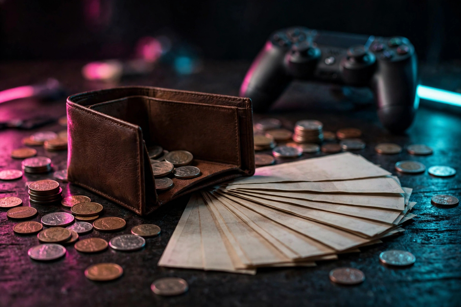 Wallet and coins on dark surface with neon glow, gaming budget concept