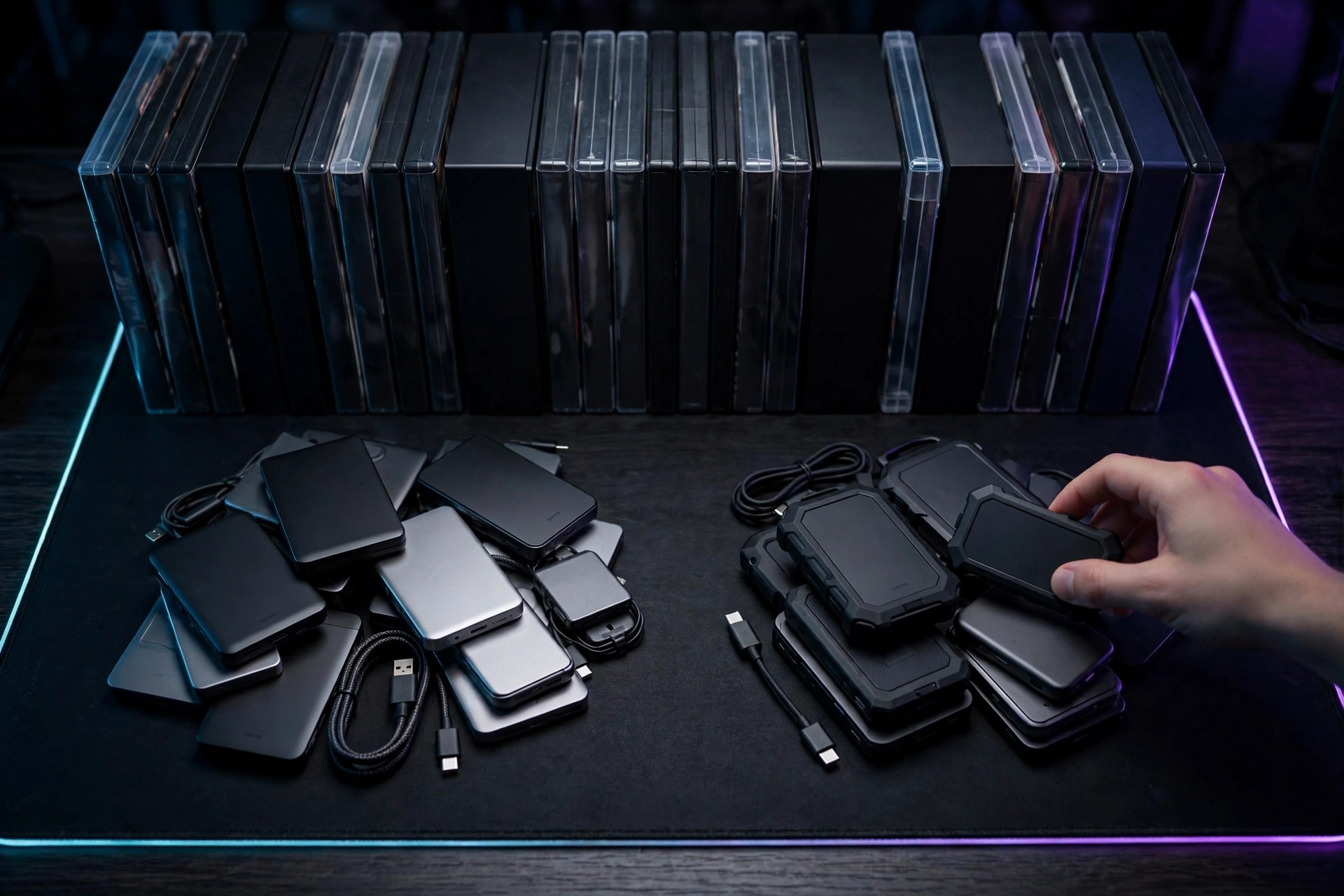 Portable drives sorted into two piles on a dark desk mat with game cases lined up behind