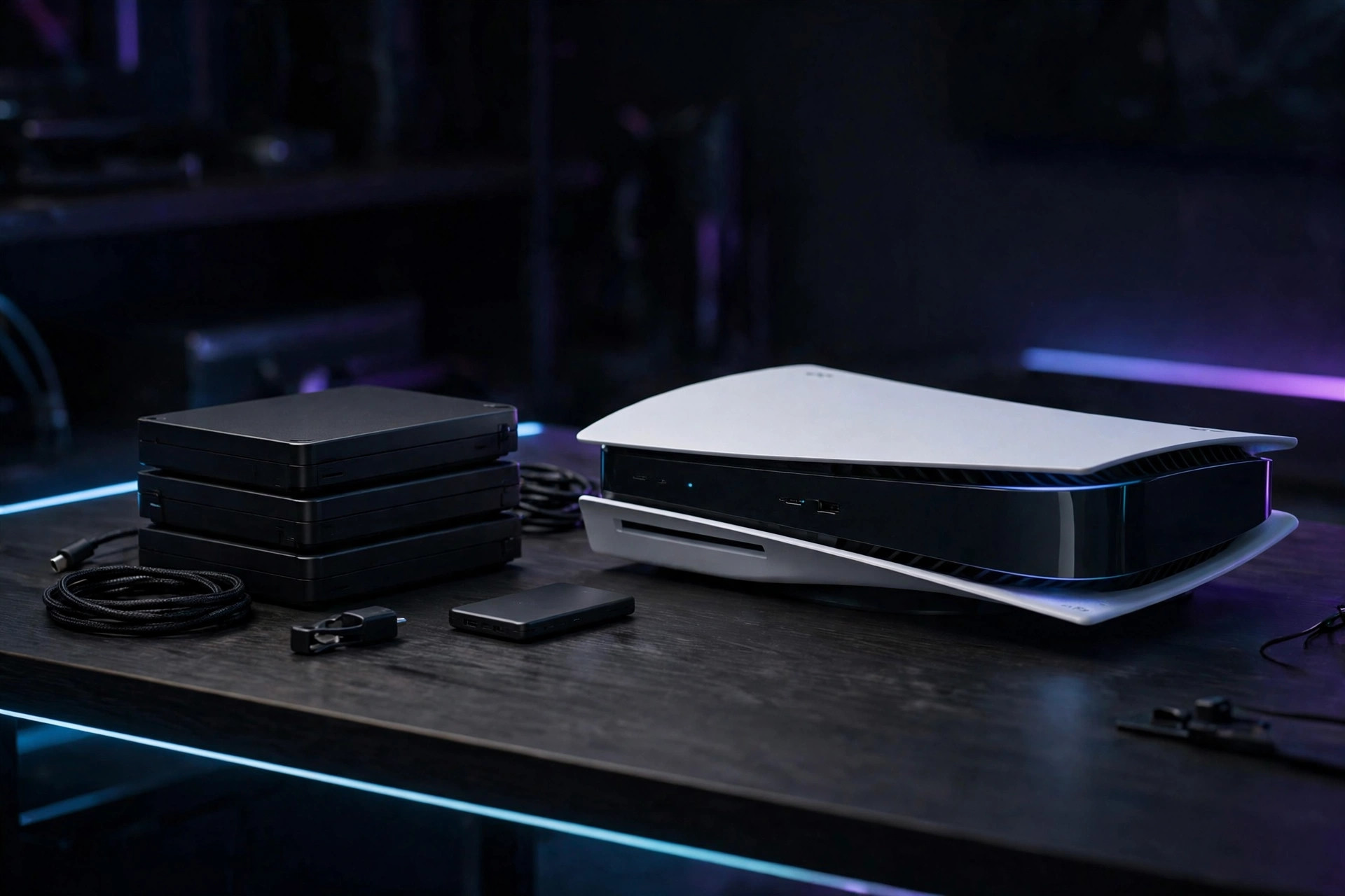 White games console beside a stack of black external drives and a small SSD on a dark desk
