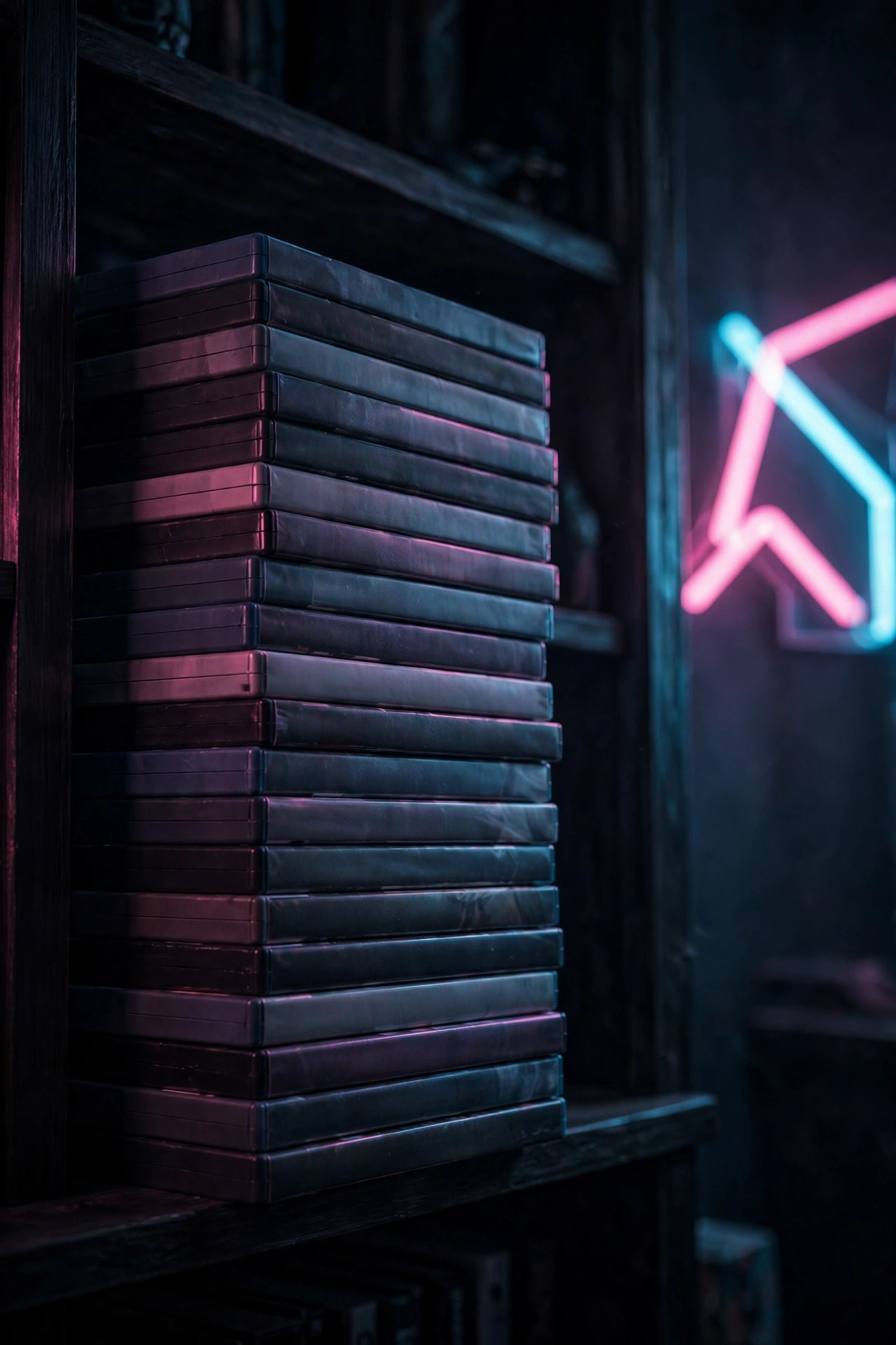 Stack of game cases on a shelf bathed in neon light, dark moody photography