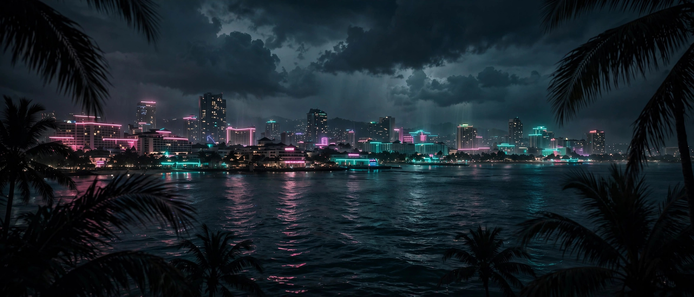 Moody neon-lit street at night evoking a tropical city skyline, dark-tech photography with subtle neon accents