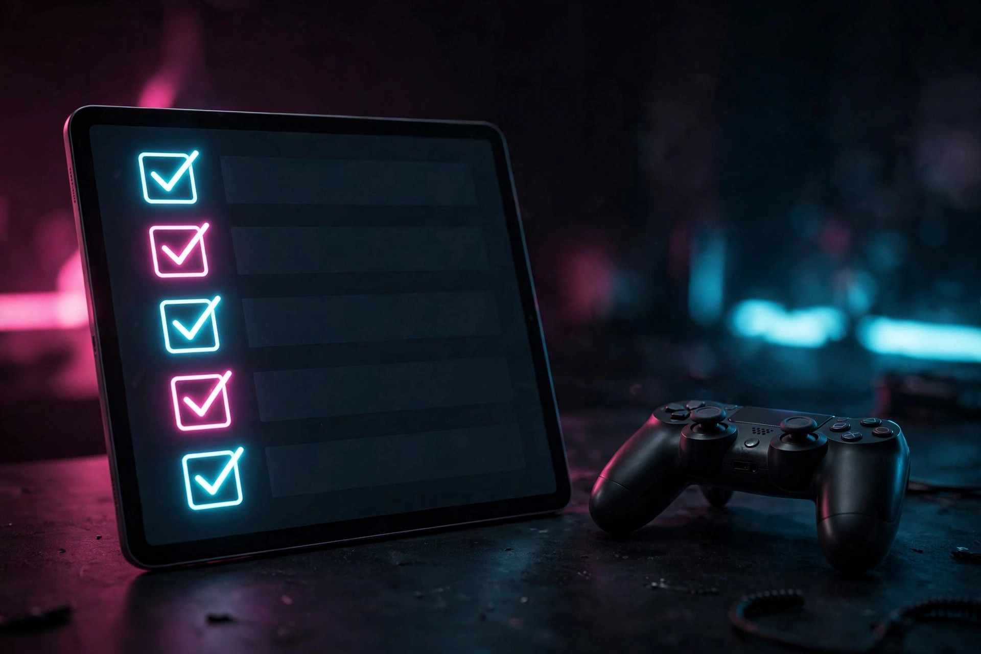 Checklist on a tablet next to a game controller in dark neon-lit room
