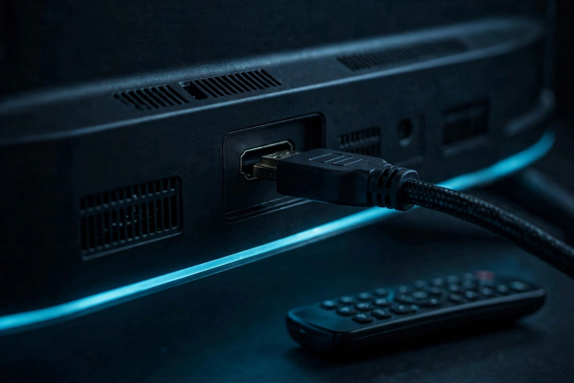 HDMI cable plugged into the back of a television with a remote control resting nearby