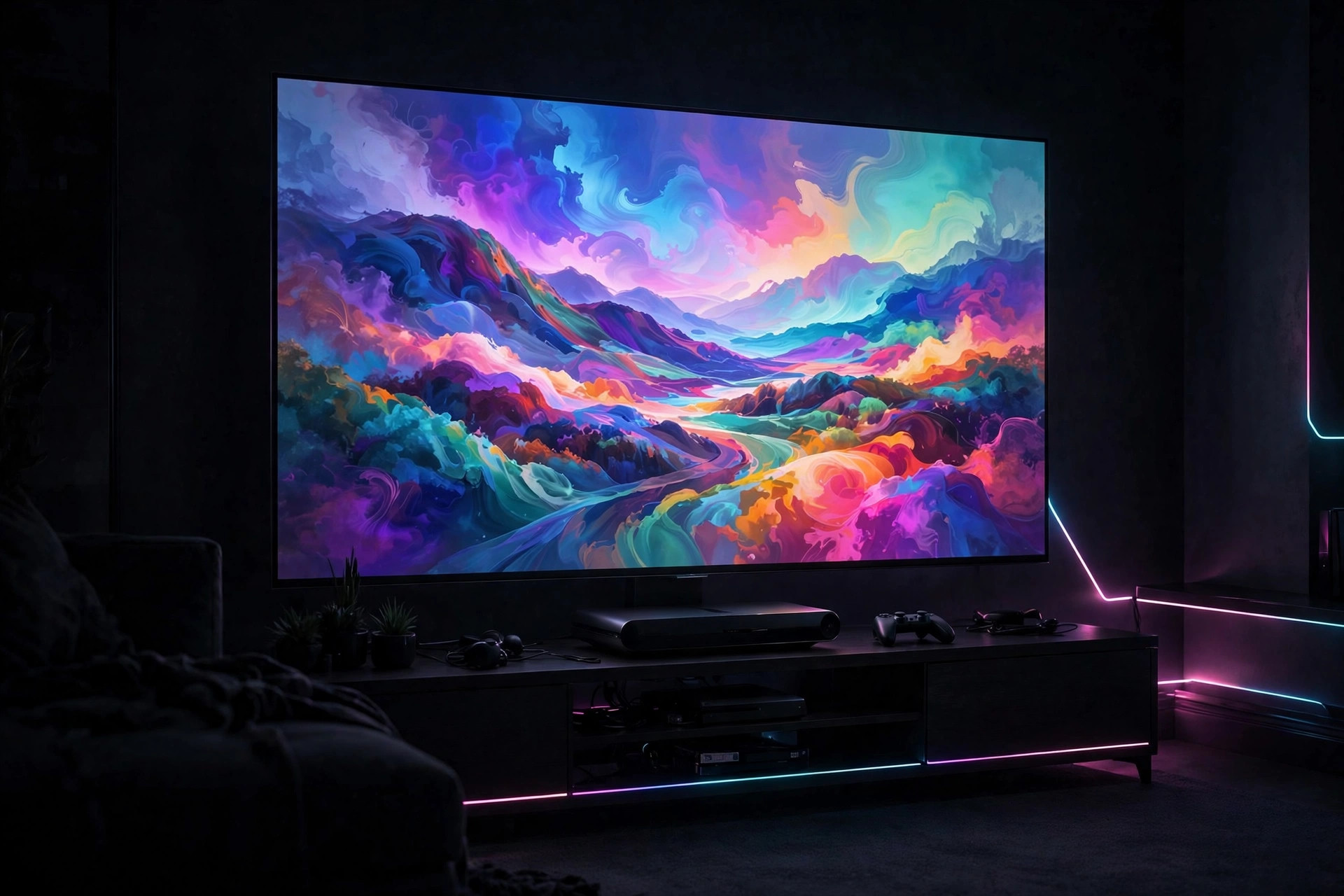 Large television showing a swirling colorful abstract landscape above a console and controller in a dark room
