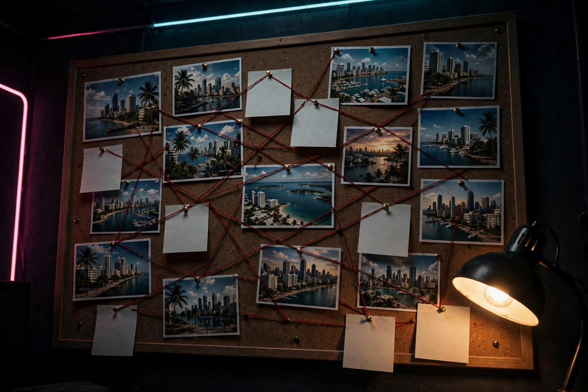 Evidence board style collage of confirmed GTA VI details in dark neon lighting