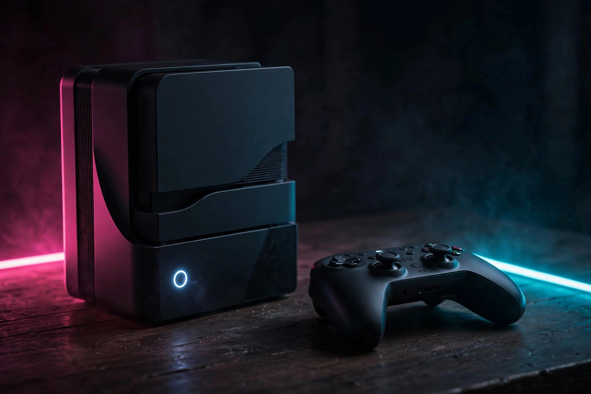 Gaming console and controller on a dark desk with neon edge lighting